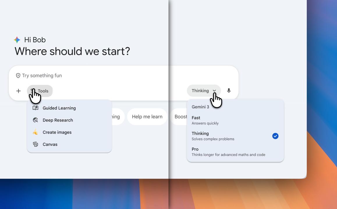 Screenshot showing the Gemini model and tool menus