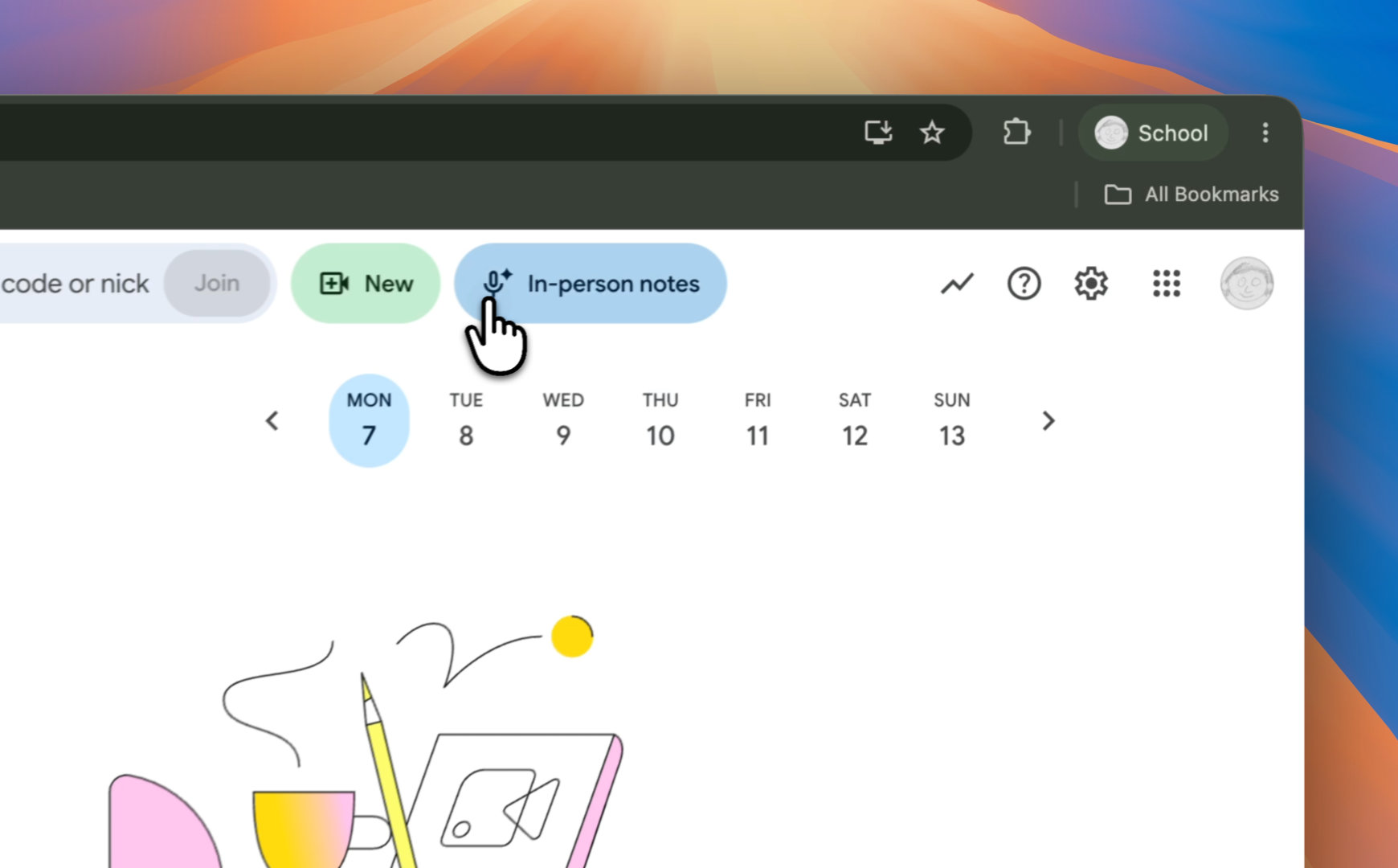 Screenshot of clicking the &lsquo;In-person notes&rsquo; button
