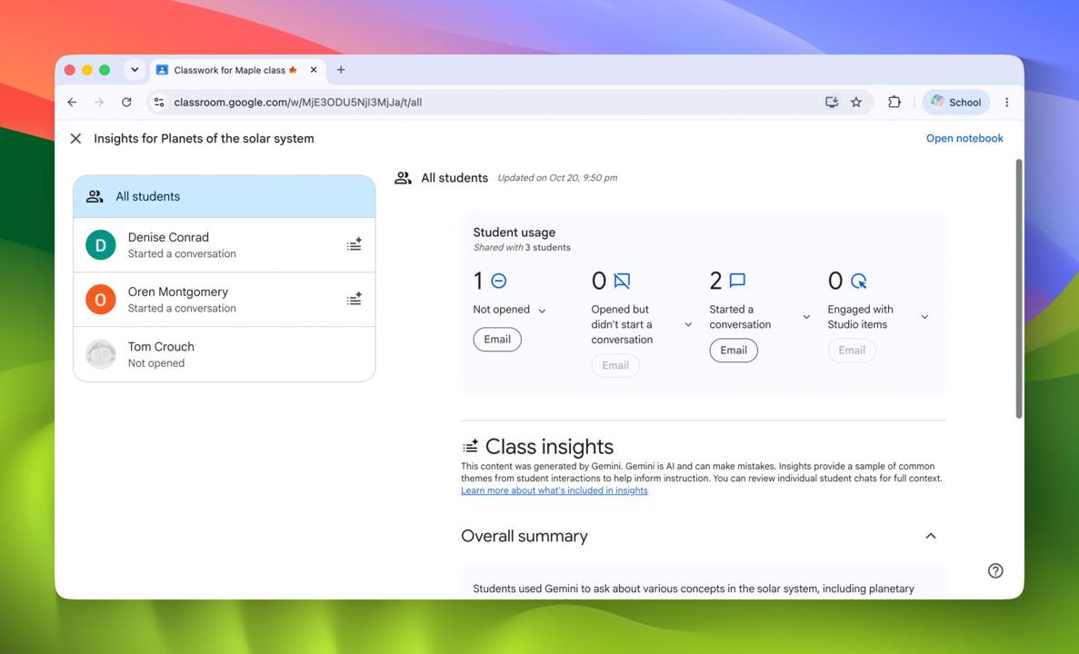 Insights for a notebook assigned in Google Classroom, with counts of pupils who have opened it and started a conversation, and the start of Gemini&rsquo;s class summary