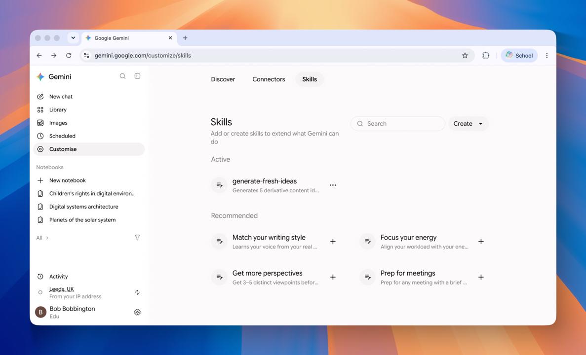 The Skills page in the Gemini app, with one active skill and four recommended skills to add
