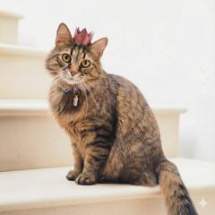 Photo of a kitten wearing a tiny red paper crown