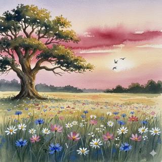 Watercolour picture of a tree in a meadow at sunset, with swifts flying overhead
